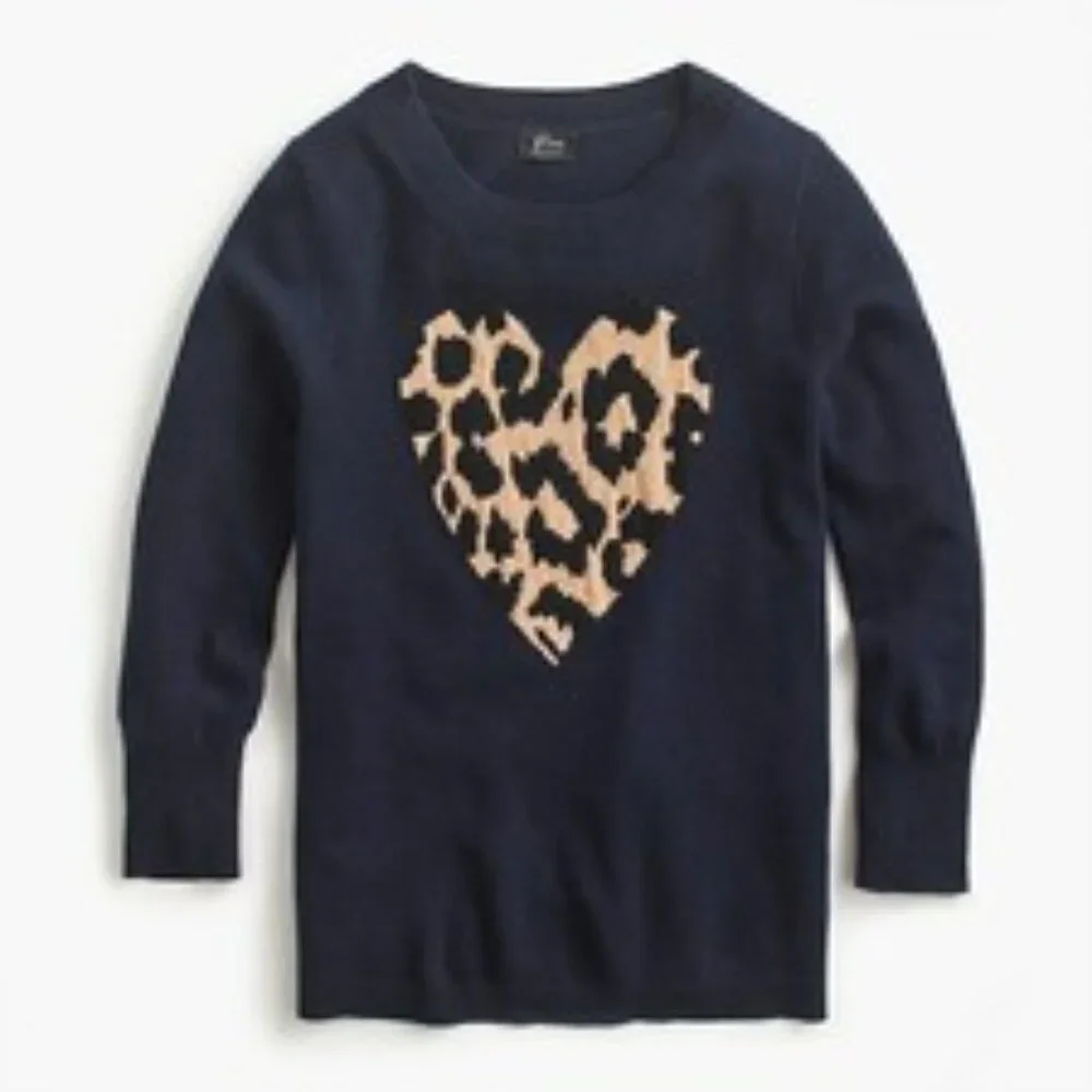 J. Crew 100% Cashmere Animal Print Heart Sweater